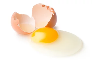 Zelfklevend Fotobehang A broken chicken egg lies on a white background with a shell, yolk and spilled protein, isolated   © grey