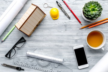 architect office in profession concept on desk background top view mock up