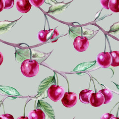 Background branch with cherries. Seamless pattern. 