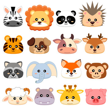 Cute cartoon animals head. Dog, pig, cow, deer, lion, sheep, tiger, panda, raccoon, monkey, fox, zebra, giraffe, elephant, hedgehog, hippopotamus