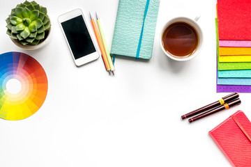 profession concept with designer tools on work desk background top view mockup