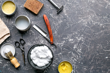 male hairdressing concept with barbershop tools on gray background top view mockup
