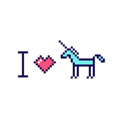 I love unicorn. Quote of abstract unicorn and heart image in the eight bit style on a white background. Vector Image. It can be used for website design, article, phone case, poster, t-shirt, mug etc.