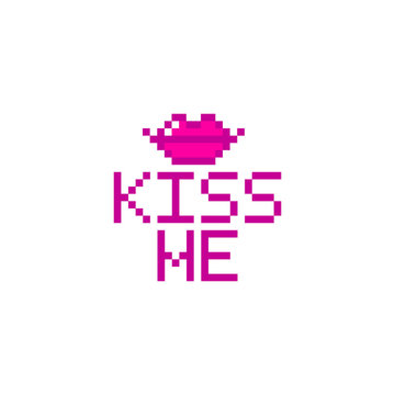 Red lips with inscription "Kiss me" in the eight bit style on a white background. It can be used for sticker, badge, card, patch, phone case, poster, t-shirt, mug etc.