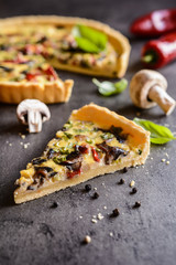 Quiche with mushrooms, bell pepper, bacon and green onion