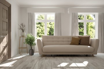 White room with sofa and green landscape in window. Scandinavian interior design. 3D illustration