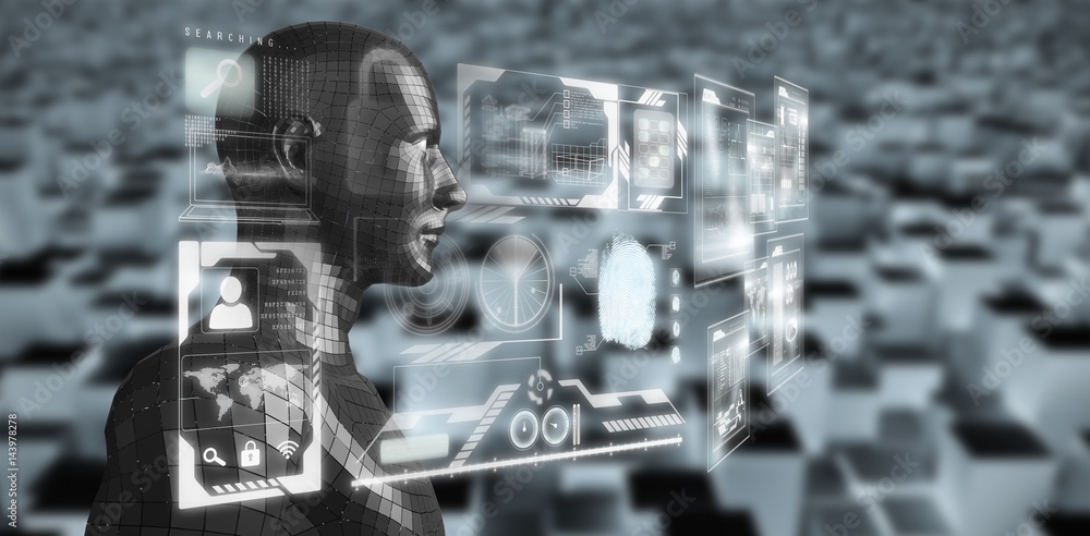 Poster composite image of profile view of digital black 3d man