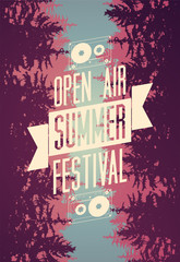 Summer festival open air typographical poster with fir trees landscape. Vector illustration.