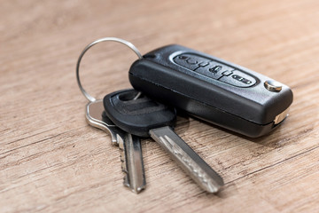 black car key on wooden desk with copy space.