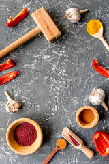 composition of cooking tools and spices on kitchen table top view mock-up