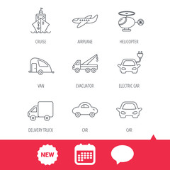 Transportation icons. Car, ship and truck linear signs. Airplane, helicopter and evacuator flat line icons. New tag, speech bubble and calendar web icons. Vector