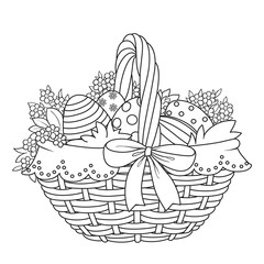 Basket with Easter eggs and flowers outlined for coloring on a white background