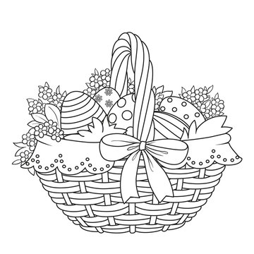 recommend clip art: Basket with Easter eggs and flowers outlined for coloring on a white background