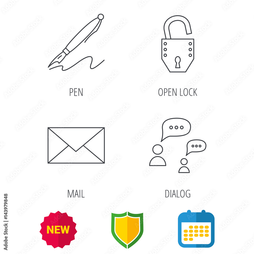Poster dialog, mail envelope and open lock icons. pen linear sign. shield protection, calendar and new tag 