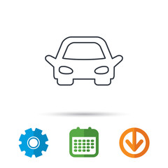 Car icon. Auto transport sign. Calendar, cogwheel and download arrow signs. Colored flat web icons. Vector