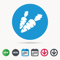 Carrot icon. Fresh natural vegetable symbol. Vegetarian food. Calendar, download arrow and new tag signs. Colored flat web icons. Vector