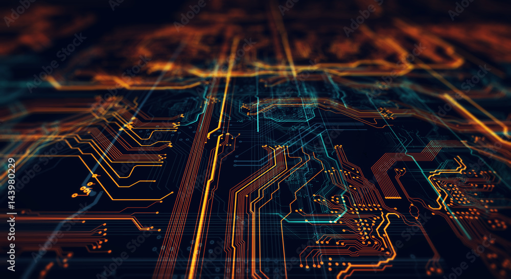 Poster Technology background/Abstract technology background made of different element printed circuit board.  Printed circuit board in the server executes the data. 
