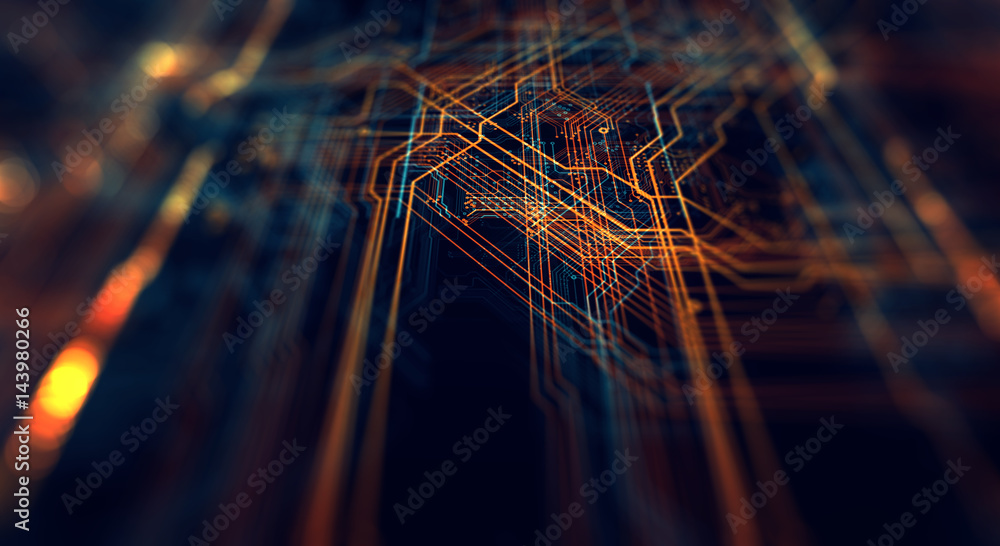Poster Technology background/Abstract technology background made of different element printed circuit board.  Printed circuit board in the server executes the data. 