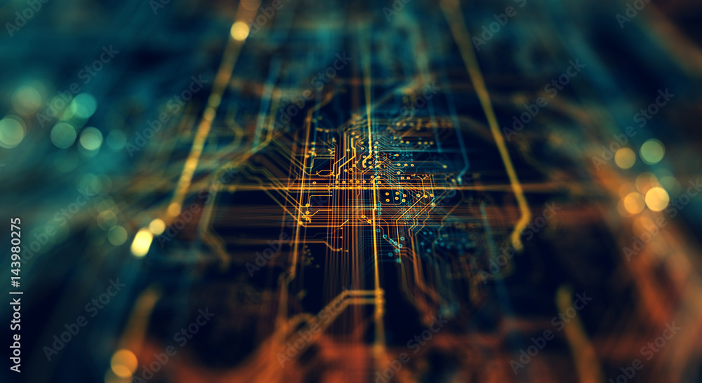 Poster Printed circuit board futuristic server/Circuit board futuristic server code processing. Orange,  green, blue technology background with bokeh.