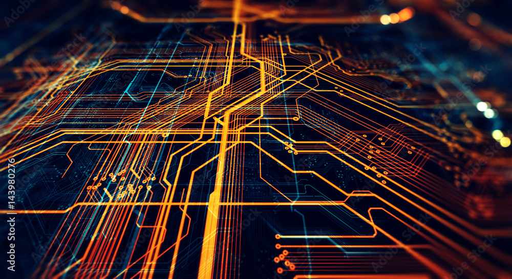 Leinwandbilder Printed circuit board futuristic server/Circuit board futuristic server code processing. Orange,  green, blue technology background with bokeh.