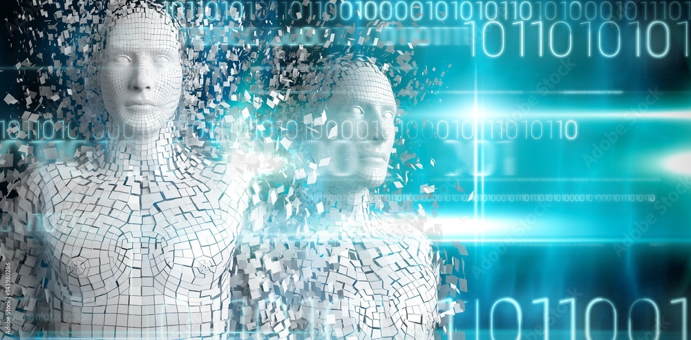 Poster composite image of close-up of pixelated gray 3d man