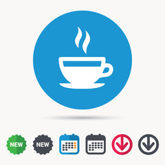 Coffee cup icon. Hot tea drink symbol. Calendar, download arrow and new tag signs. Colored flat web icons. Vector