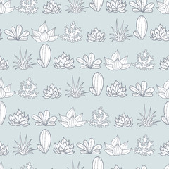 Vector Silver Grey Stripes Seamless Repeat Pattern With Growing Succulents and Cacti In Pots. Trendy tropical design for textile, fabric, packaging, backdrops, wallpaper.