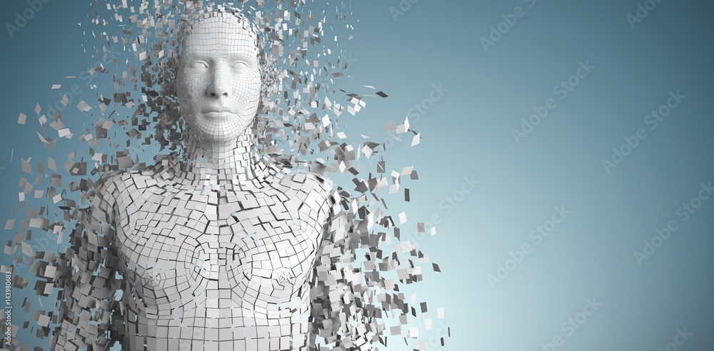 Poster composite image of close-up of pixelated gray 3d man