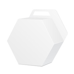 White Cardboard Hexagon Carry Box Bag Packaging With Handle For Food, Gift Or Other Products. On White Background Isolated. Ready For Your Design. Product Packing Vector EPS10