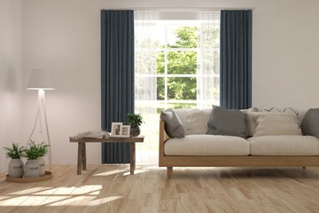 White room with sofa and green landscape in window. Scandinavian interior design. 3D illustration