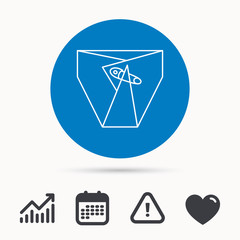 Diaper with pin icon. Child underwear sign. Newborn protection symbol. Calendar, attention sign and growth chart. Button with web icon. Vector