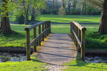 Old wooden bridge curving over a small stream in a park
