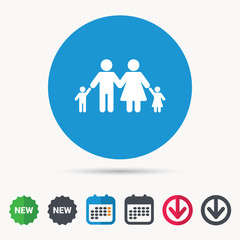 Family icon. Father, mother and child symbol. Calendar, download arrow and new tag signs. Colored flat web icons. Vector