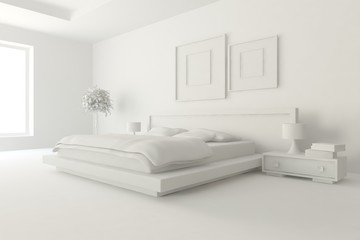 White modern bedroom. Scandinavian interior design. 3D illustration