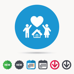 Family icon. Father, mother and child symbol. Calendar, download arrow and new tag signs. Colored flat web icons. Vector