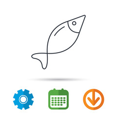 Fish icon. Fishing sign. Natural seafood symbol. Calendar, cogwheel and download arrow signs. Colored flat web icons. Vector