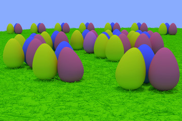 3D-Rendering von gefärbten Ostereiern auf grünem Gras 