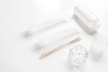 cosmetic set in body care consept on white table background