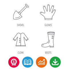 Shovel, boots and gloves icons. Cloak linear sign. Award medal, growth chart and opened book web icons. Download arrow. Vector