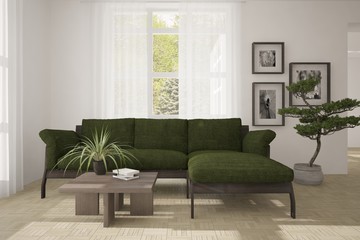White room with sofa and green landscape in window. Scandinavian interior design. 3D illustration