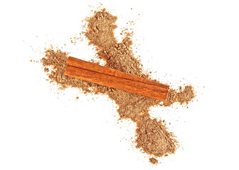 Cinnamon stick with powder pile on white background