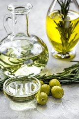 natural oils concept with fresh olives on table background