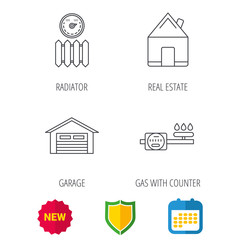 Fototapeta premium Real estate, garage and heat radiator icons. Gas counter linear sign. Shield protection, calendar and new tag web icons. Vector