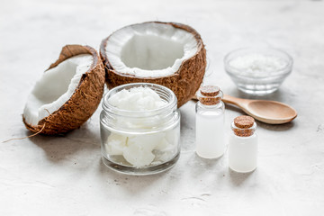 organic cosmetics with coconut on white background