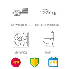 Ventilation, toilet and gas counter icons. Electricity counter linear sign. Shield protection, calendar and new tag web icons. Vector