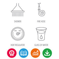 Shower, fire hose and heat regulator icons. Glass of water linear sign. Award medal, growth chart and opened book web icons. Download arrow. Vector
