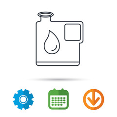 Jerrycan icon. Petrol fuel can with drop sign. Calendar, cogwheel and download arrow signs. Colored flat web icons. Vector