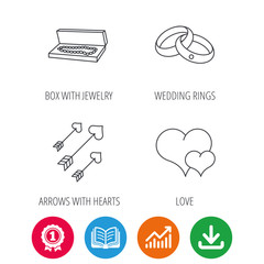 Love heart, jewelry and wedding rings icons. Arrows with hearts linear sign. Award medal, growth chart and opened book web icons. Download arrow. Vector