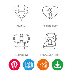 Broken heart, diamond and engagement ring icons. Lesbian love linear sign. Award medal, growth chart and opened book web icons. Download arrow. Vector