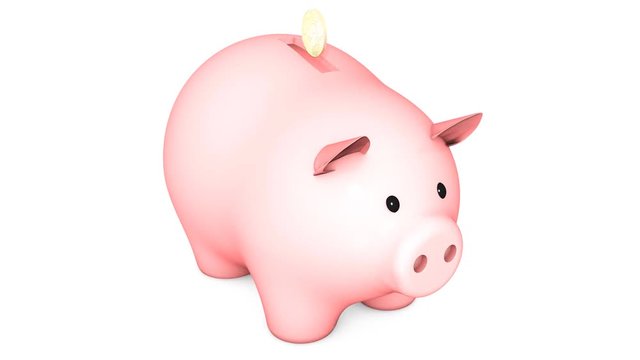 3d animation: Pink piggy bank with Golden (copper) coin on a white isolated background. Tokens rained with great speed and a money box getting fatter gradually increasing in size.